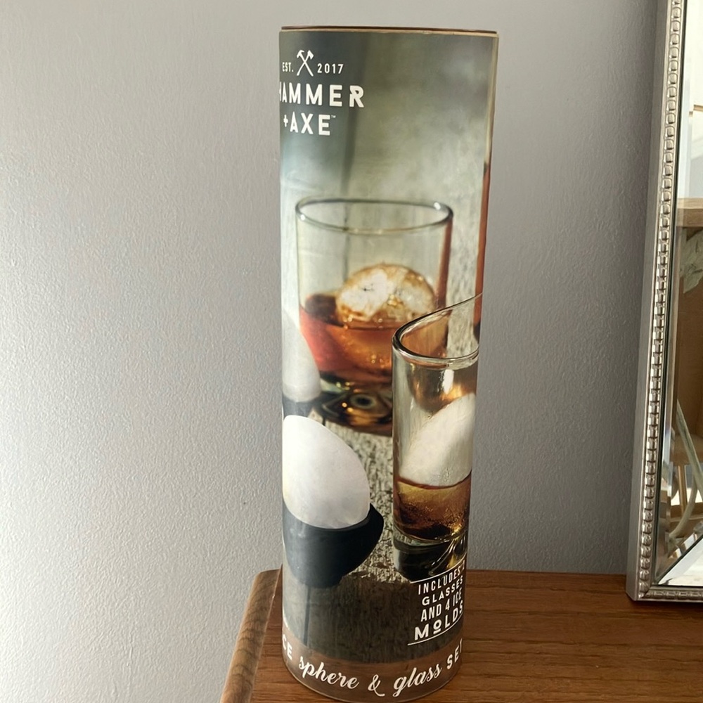 Hammer & Axe ice sphere + 2 glasses guy gift set NEW bar whiskey accessory NWT